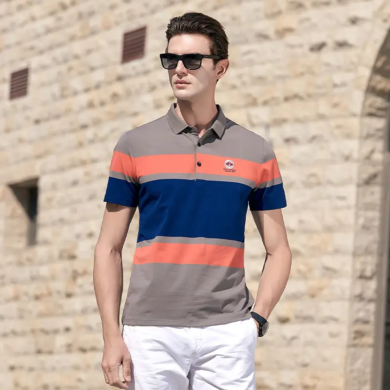 Summer Mercerized Cotton Striped Short-sleeved T-shirt Men's Lapel Business