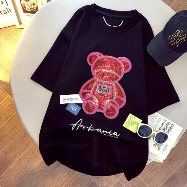 Net Red Sequined Bear Mid length Short Sleeve Black - Shop at LoveMi