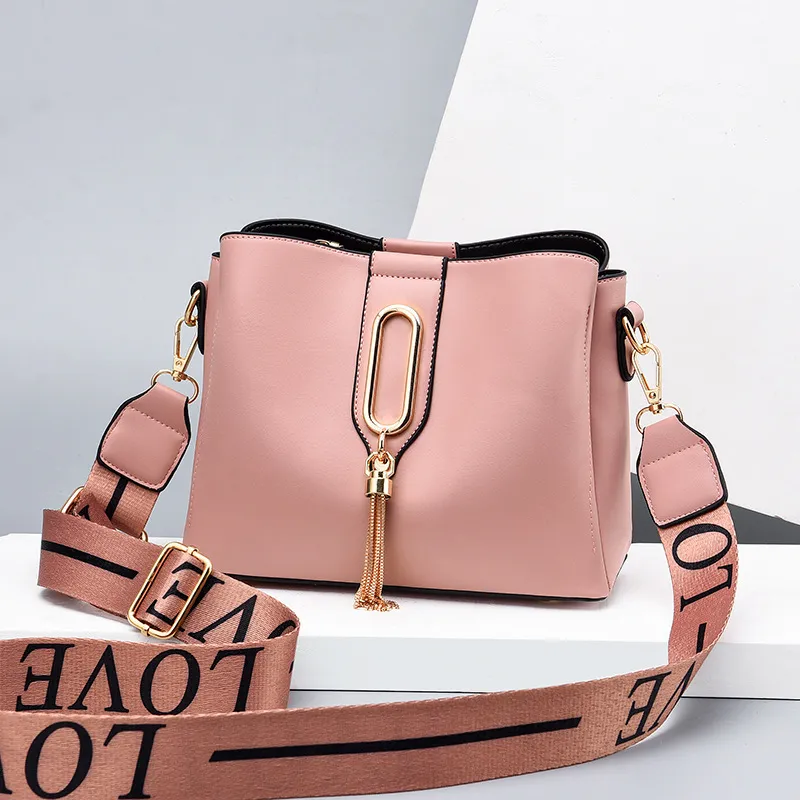 Girl Simple Wide Shoulder Strap Messenger Bag - Pink