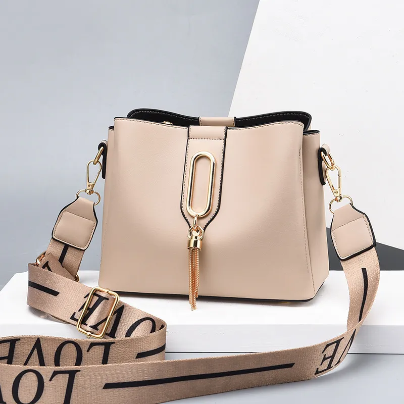 Girl Simple Wide Shoulder Strap Messenger Bag - Khaki