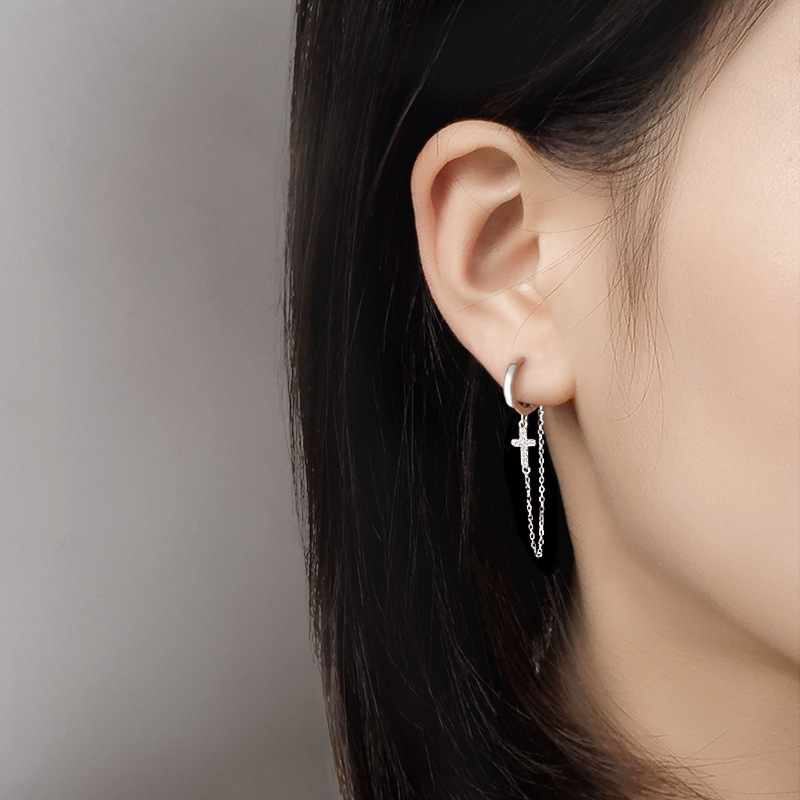 S925 Silver Cross Tassel Earrings Female Personality Creative Retro Earrings