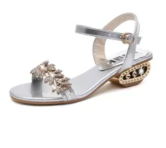 Flat Block Heel Sandals With Rhinestone Mid-heel Buckle - Silver - View 1