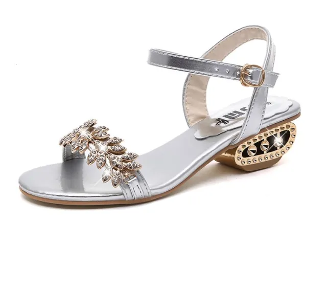 Flat Block Heel Sandals With Rhinestone Mid heel Buckle Silver - Shop at LoveMi