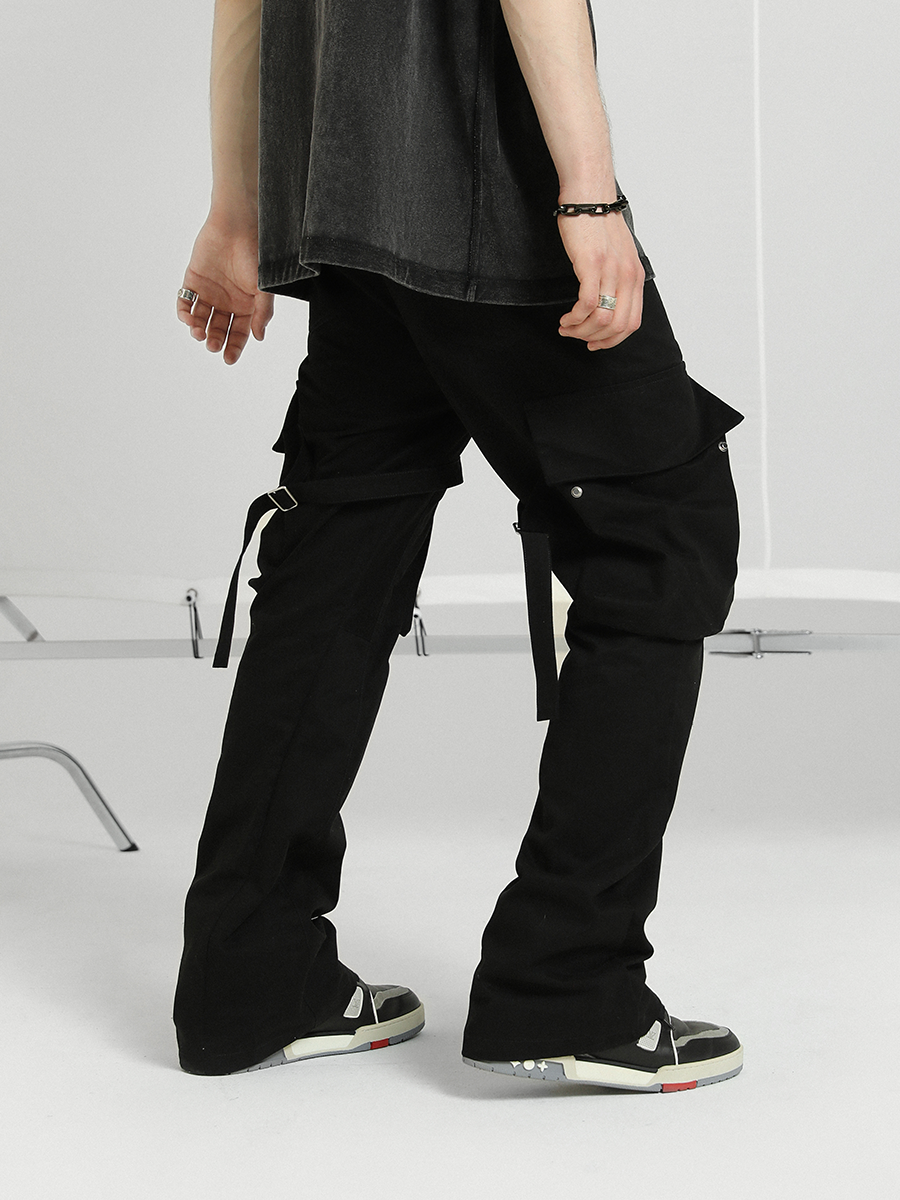 Retro Strappy Three-dimensional Tailoring Pocket Micro-flare Overalls Trousers Men