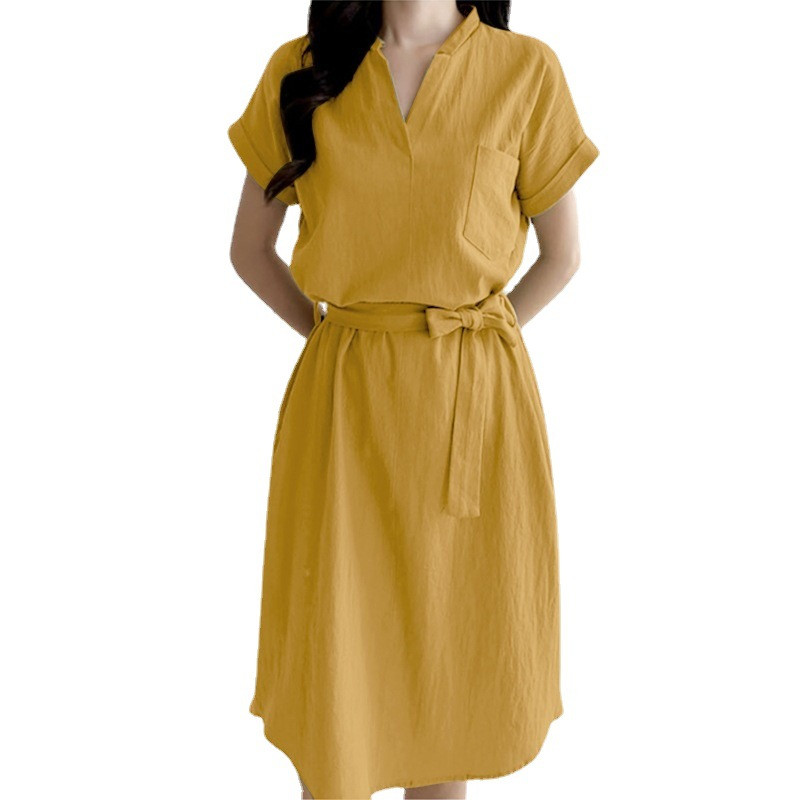 Half-open Collar Short-sleeved Waisted Mid-length Dress