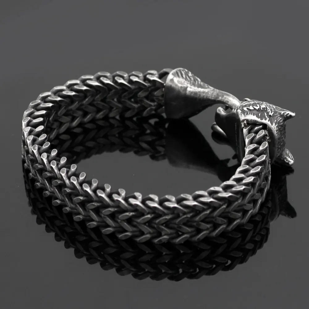 Bracelet Men Stainless Steel Vintage Black Wolf Head Cuban