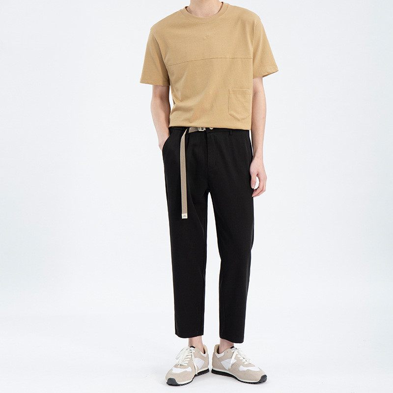 Spring And Summer Silk Cropped Trousers Men'S Belt Pure Color Elastic Waist Slim Straight Casual Pants