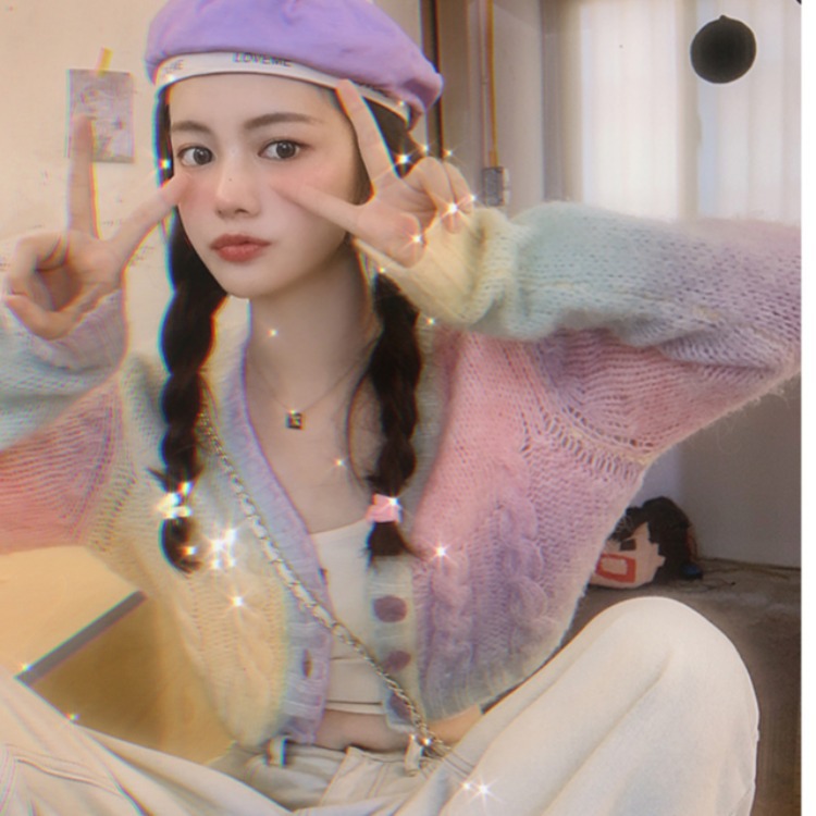 Rainbow Sweater Short Cable Knit Cardigan