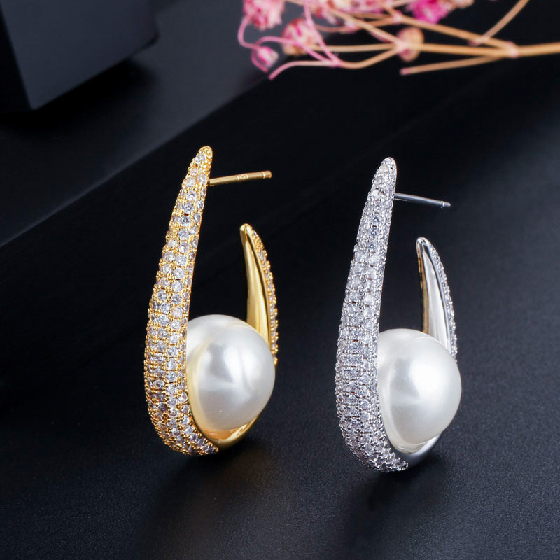 Real Gold Micro-inlaid Zircon Pearl Earrings