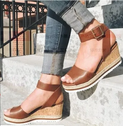 Women's Sandals With Buckle Wedge Heel Brown - Shop at LoveMi
