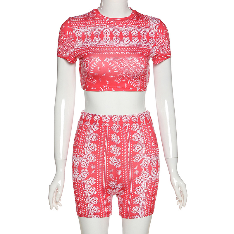 Ladies' New Style Retro Print Short-Sleeved Halter Strapless Leisure Sports Suit