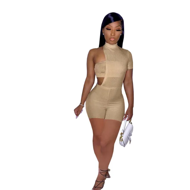 Fashion Asymmetrical Pit Strip Wrapped Chest Two piece Pants Suit Khaki - Shop at LoveMi
