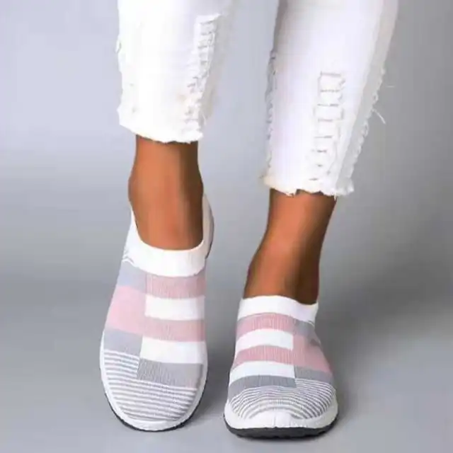New Lightweight And Breathable Set Foot Striped Flying Knit All Match Casual Sneakers White - Shop at LoveMi