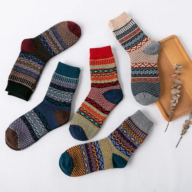 Ladies Rabbit Wool Socks Thick Thick Line Ethnic Style Five Pairs Mixed One Size - Shop at LoveMi
