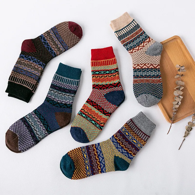 Ladies Rabbit Wool Socks Thick Thick Line Ethnic Style - Five Pairs Mixed-One Size