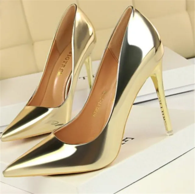 Stiletto Heels Pointed Toe Low Top Women's Shoes Gold - Shop at LoveMi