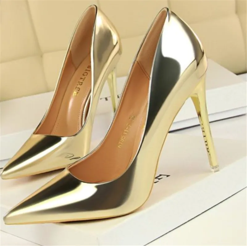 Stiletto Heels Pointed Toe Low Top Women's Shoes - Gold