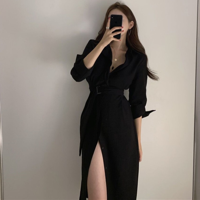 Lapel Collar Casual Long Shirt Dress