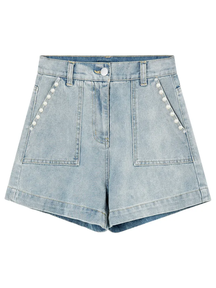 Beaded Denim Shorts Women's Thin High-waisted Wide-leg Hot Pants - Blue