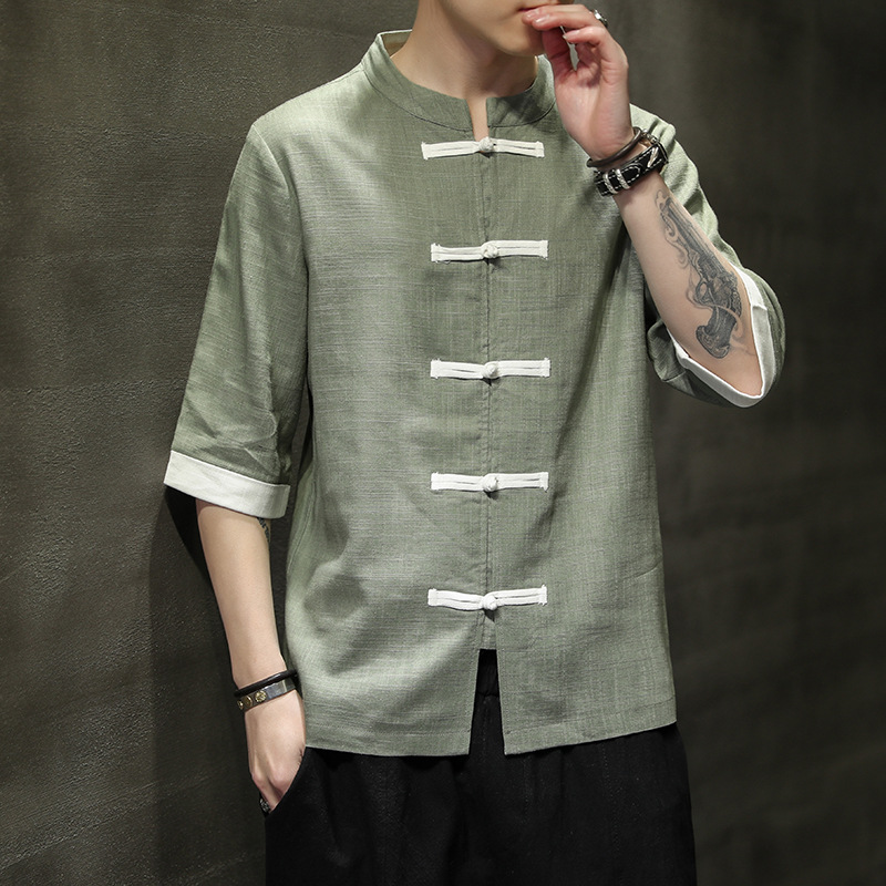 Buttoned Three-quarter Sleeve Linen Shirt