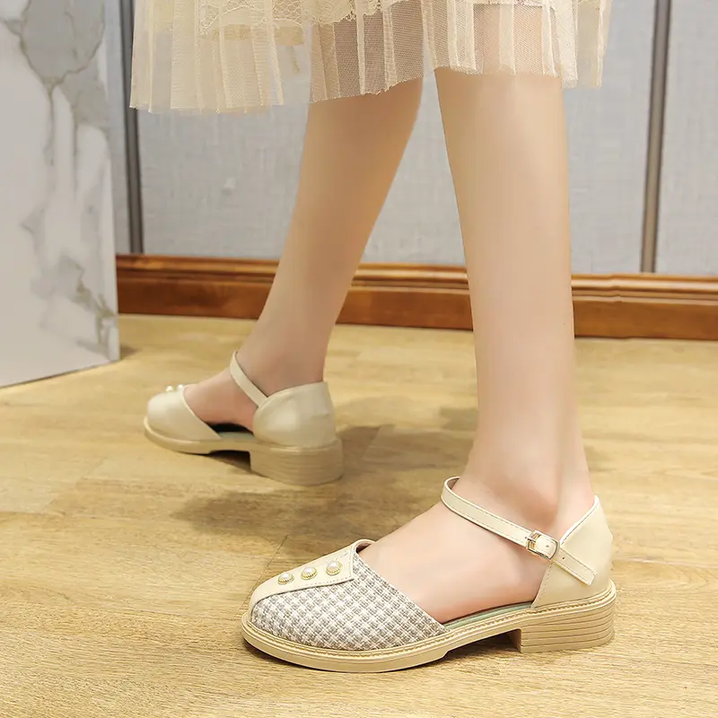 All-match Plaid Color Matching Pearls With Skirt Mary Jane Shoes