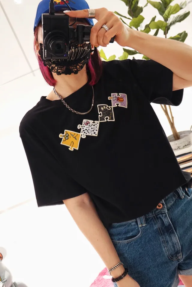 Paper Bag Summer Casual Round Neck Fun Cute Short Sleeves Thin Baba Dad Loose Shirt T Black - Shop at LoveMi