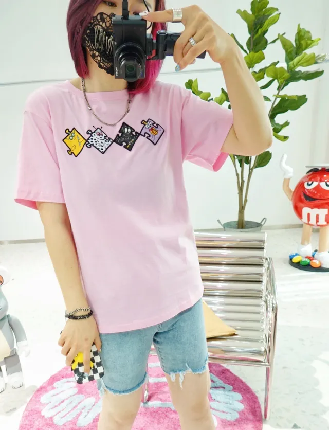 Paper Bag Summer Casual Round Neck Fun Cute Short Sleeves Thin Baba Dad Loose Shirt T Pink - Shop at LoveMi