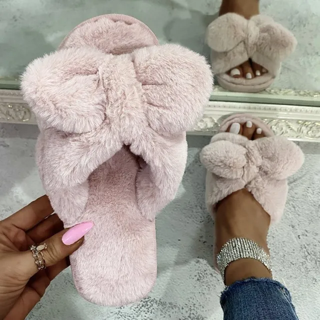 Anti Slip Bow Knot Fur Slippers Outside The Home Pink - Shop at LoveMi