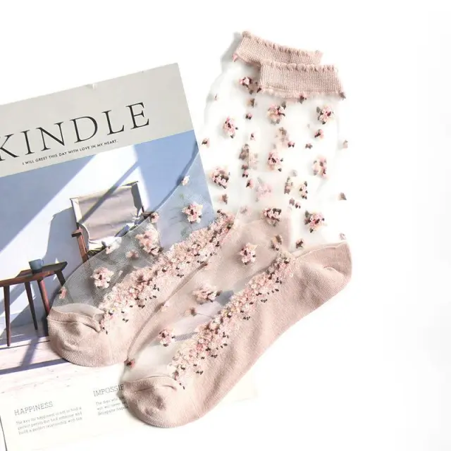 Transparent Ice Silk Crystal Floral Cotton Socks Pink - Shop at LoveMi