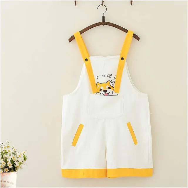 Puppy Embroidered Overalls Shorts Students Red - Shop at LoveMi