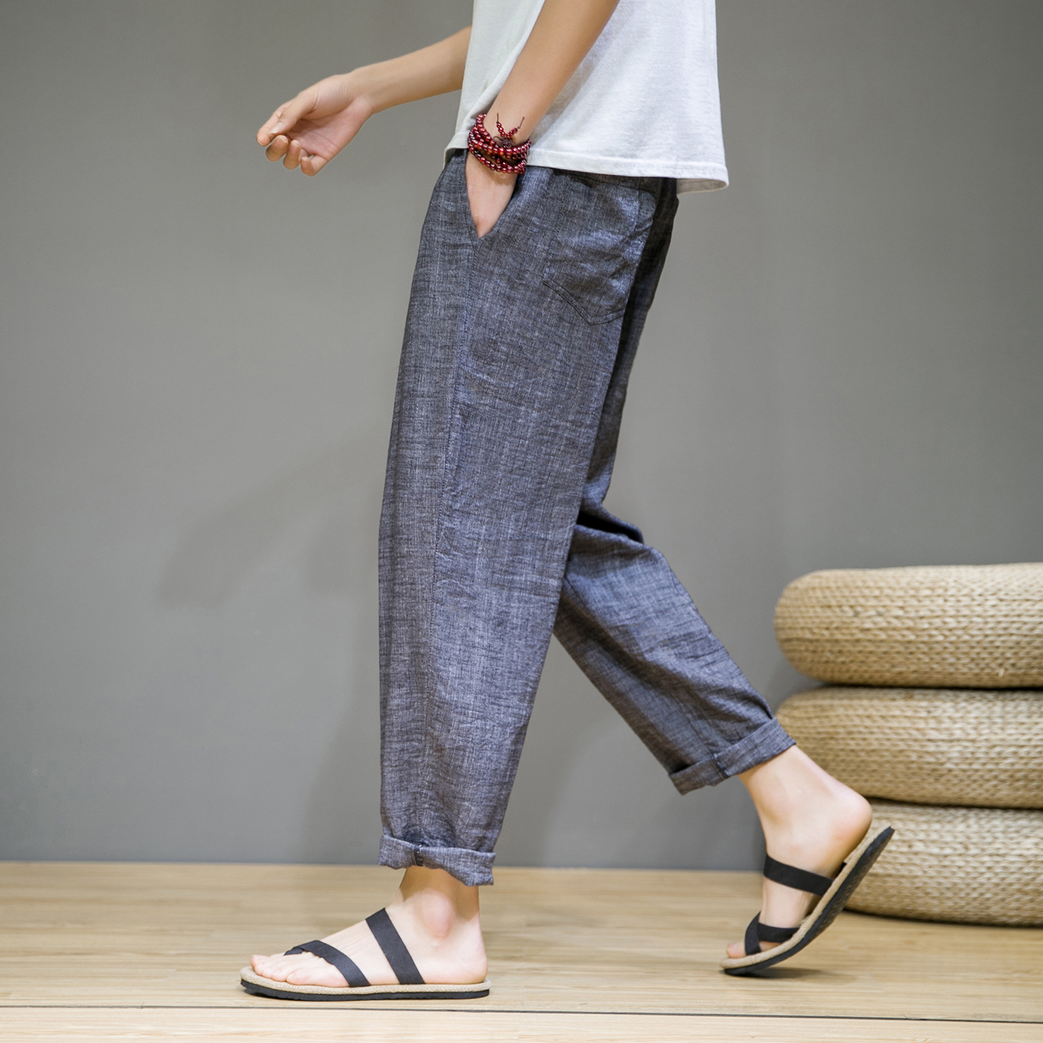  Summer New Linen Casual Pants Men's Thin Sports Nine-point Pants Chinese Style Large Size Loose Cotton And Linen Pants