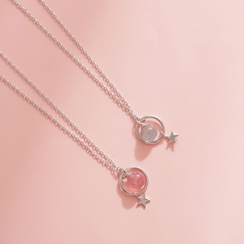 S925 Silver Strawberry Crystal Star Necklace Simple Personality Design Sensational Moonstone Student Clavicle Chain Korean Version