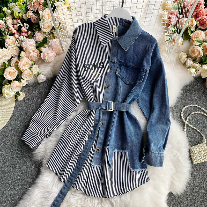 Women's Long-sleeved Denim Stitching Dress