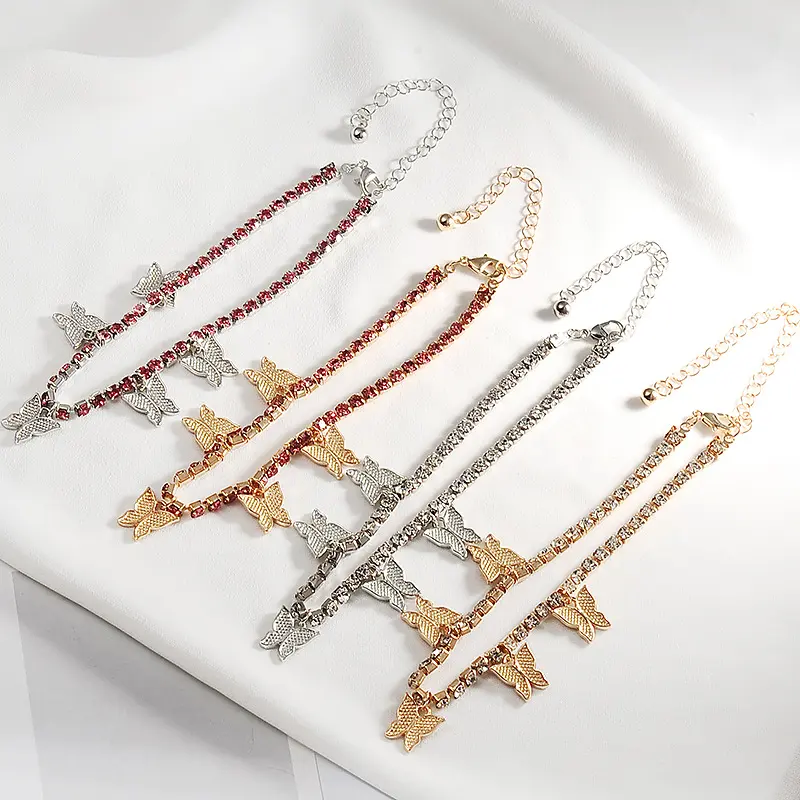 Rhinestone Anklets for Women Zirconia Butterfly Cuban Link Anklet