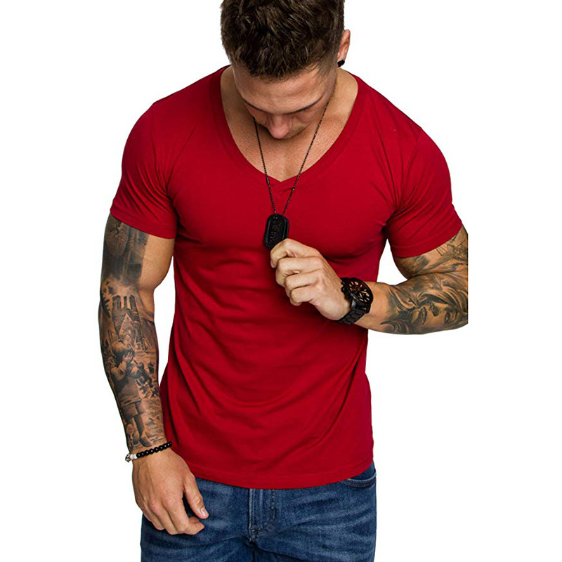 Summer New Men's Casual Sports Short Sleeved T Shirt Solid Color Large Size V Neck Top
