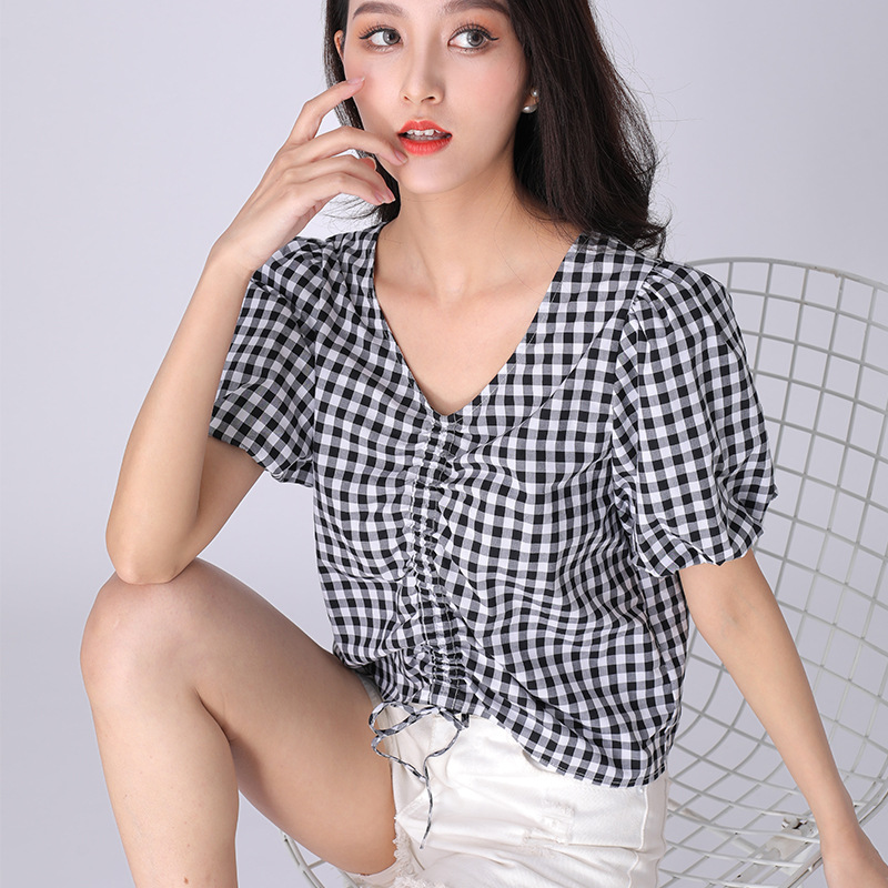 Lantern Short Sleeved Thin Plaid Shirt Women's V Neck Fashion Shirt