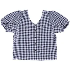 Lantern Short Sleeved Thin Plaid Shirt Women's V Neck Fashion Shirt - Black And White - View 1