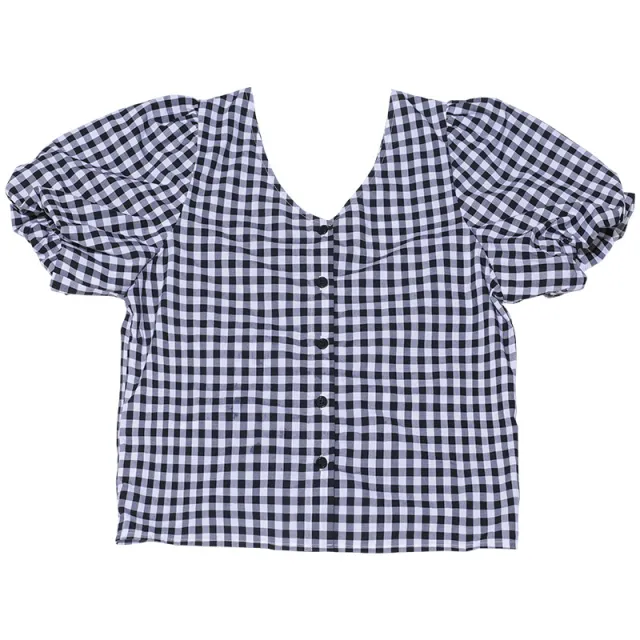 Lantern Short Sleeved Thin Plaid Shirt Women's V Neck Fashion Shirt Black And White - Shop at LoveMi