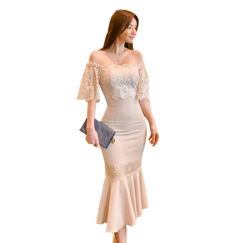 H Han Queen Slash Neck Elegant Lace Stitching Sexy Mermaid