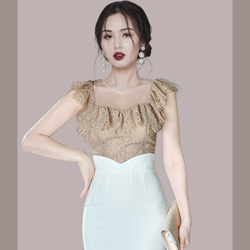 Round Neck Tulle Lace Lotus Leaf Top   High Waist Small V Basic Skirt Suit