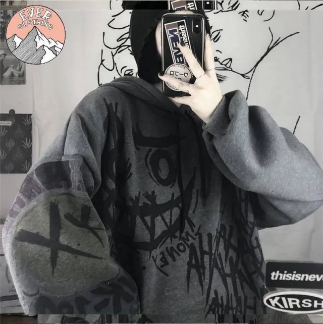 Japanese Cartoon Print Loose Plus Fleece Jacket Top Grey - Shop at LoveMi