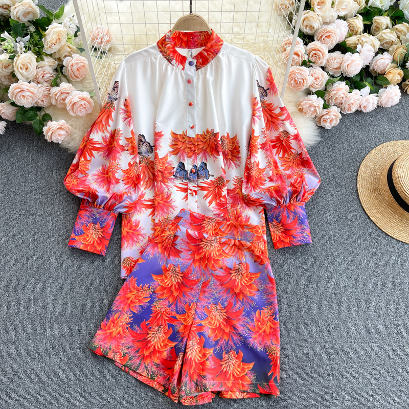 Fashion Suit Retro Print Lantern Sleeve Loose Shirt Top High Waist Wide Leg Shorts