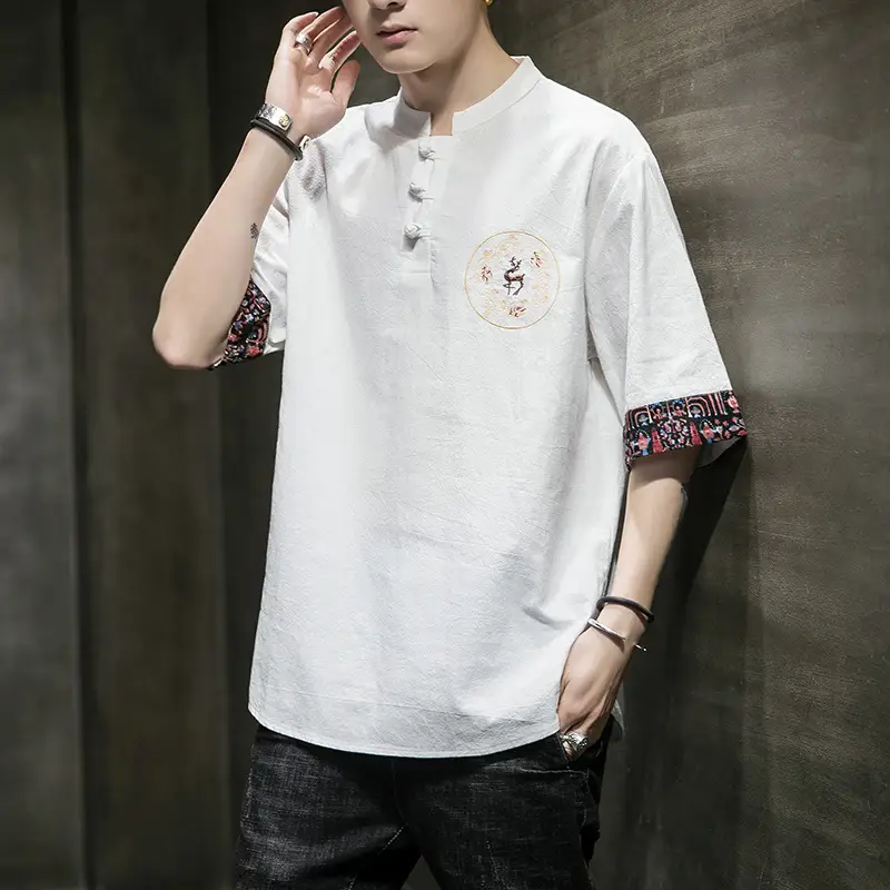 Cotton And Linen Embroidered Short-sleeved T-shirt