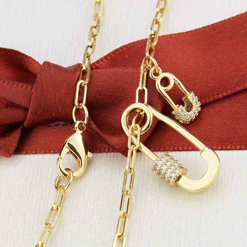 18K Genuine Gold-plated Zircon Large Small Double Pin Turnbuckle Necklace