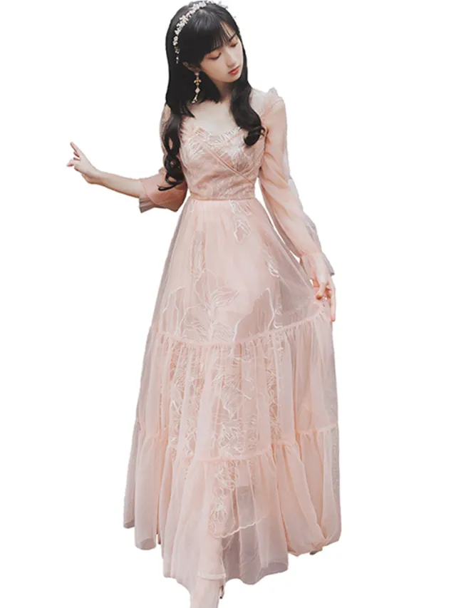 Summer New French Retro Niche Sweet Fairy Dress Skirt Heavy Embroidery Temperament Goddess Fan Dress Pale Pinkish Gray - Shop at LoveMi