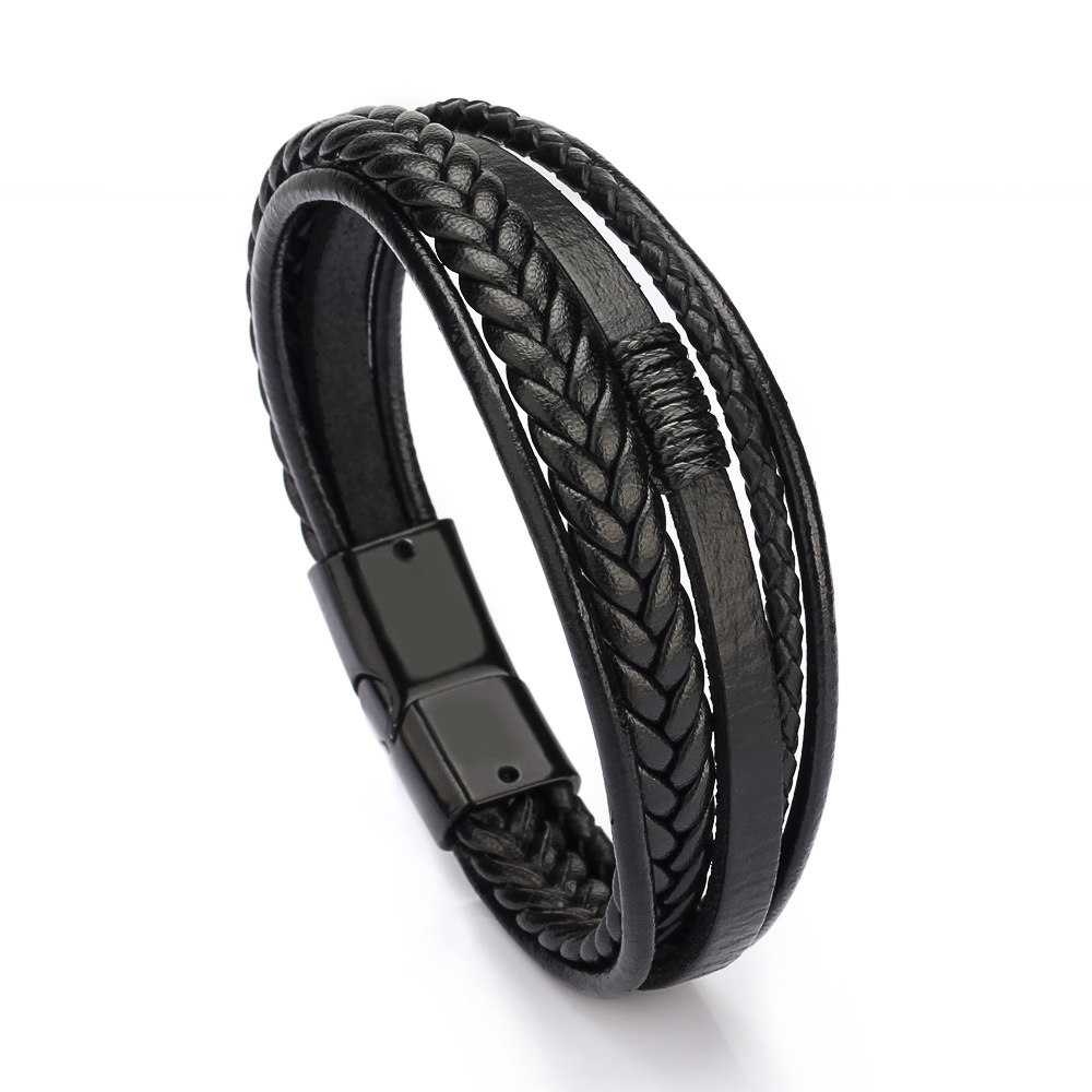 Multi Layer Pu Leather Rope Hand Woven Antique Magnetic Buckle Jewelry Bracelet Men'S Bracelet