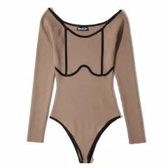 Tight-fitting Contrast Knit Long-sleeved Bodysuit - Khaki - View 1