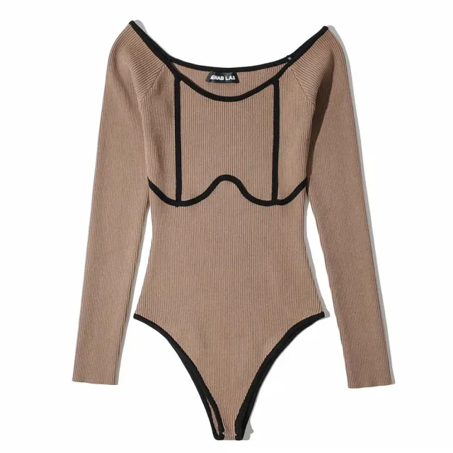 Tight fitting Contrast Knit Long sleeved Bodysuit Khaki - Shop at LoveMi
