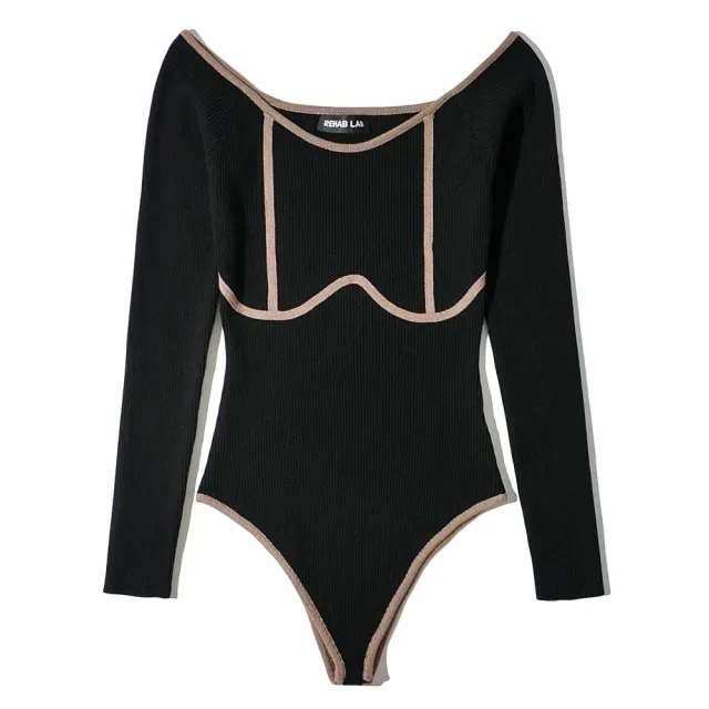 Tight fitting Contrast Knit Long sleeved Bodysuit Black - Shop at LoveMi