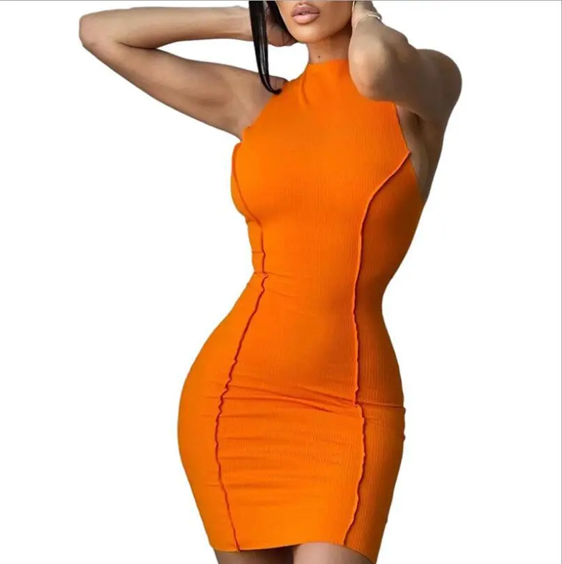 Summer New Style Women's Round Neck Sleeveless Solid Color Fashion Slim Fit Hip Dress Women - Orange